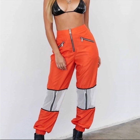 I AM GIA Orange White Mesh Nylon Jogger Pants Size Small - Picture 1 of 8